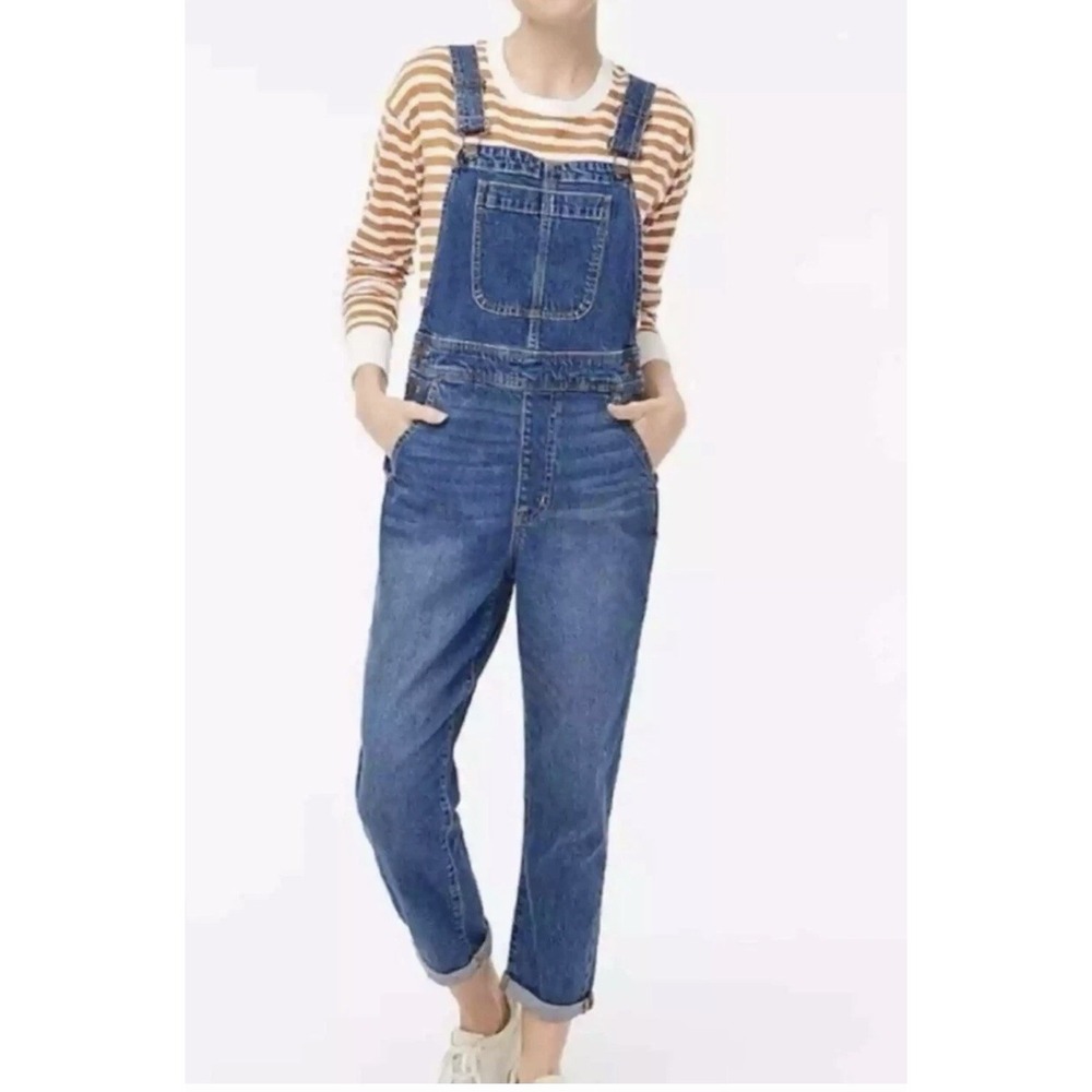 J Crew Denim Overalls XS Indigo Blue Jean Straight Leg Pockets Bib Travel Casual